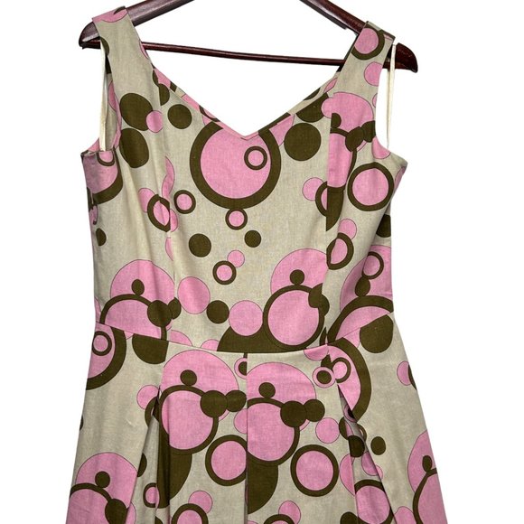 Lapis Dress Pink Green Polka Dot Fit and Flare Size Medium Linen Blend 50s style - Picture 4 of 14